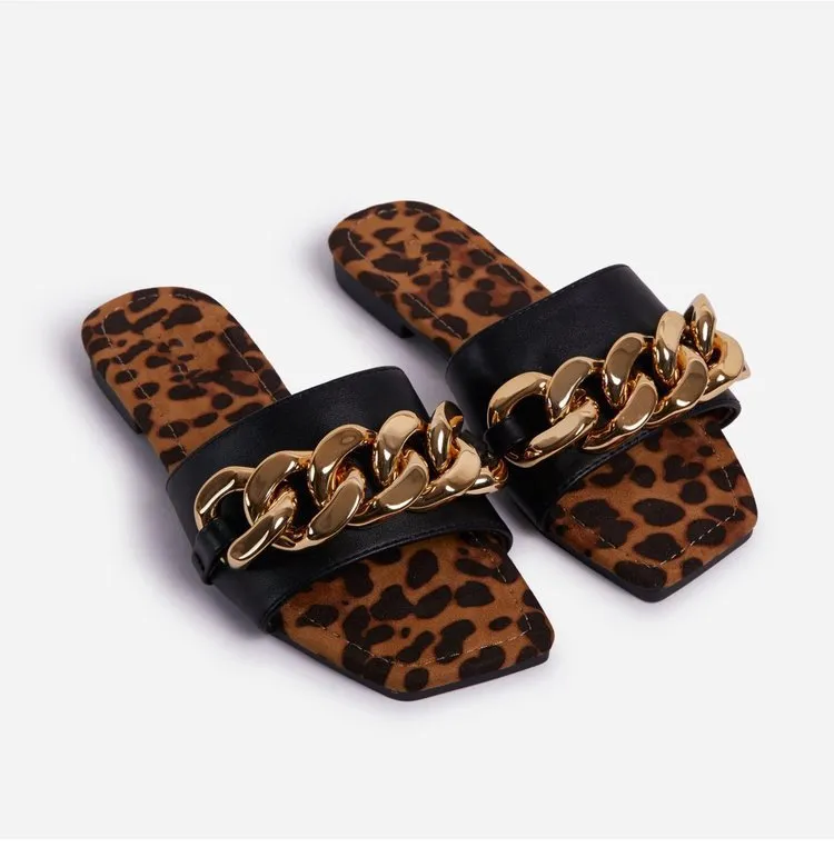 Snake print metal chain slippers