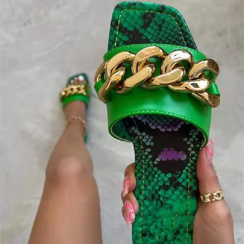Snake print metal chain slippers