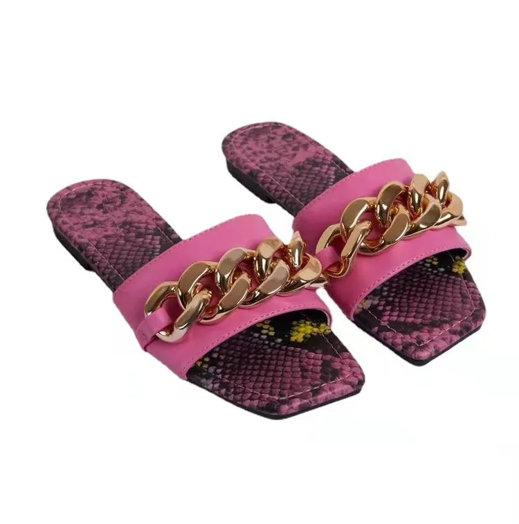 Snake print metal chain slippers