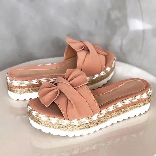 Yeknu Slippers Women Bowknot Sandals Summer Cute Casual Daily Comfy Platform Ladies Sandals Dress Party Peep Toe Female Slippers